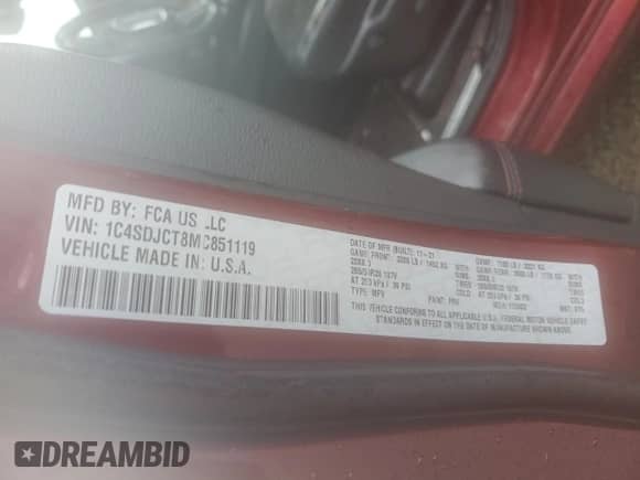 2021 Dodge Durango R/T with VIN 1C4SDJCT8MC851119, listed as a Copart auction lot 50368865 with 40,679 mi miles and Salvage title. Bid and sale history available at DreamBid. Image 14.