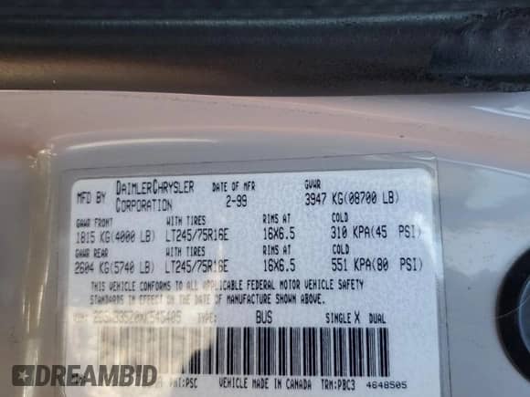 1999 Dodge Passenger with VIN 2B5WB35Z0XK545405, listed as a Copart auction lot 81579504 with Not provided miles and Salvage title. Bid and sale history available at DreamBid. Image 13.