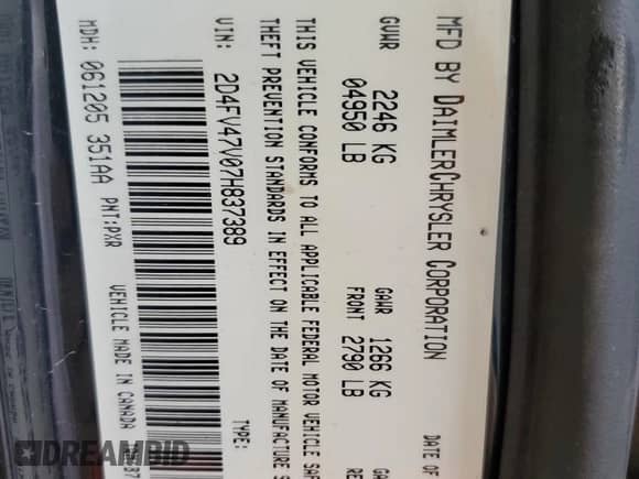 2007 Dodge Magnum with VIN 2D4FV47V07H837389, listed as a Copart auction lot 70247295 with 79,126 mi miles and Salvage title. Bid and sale history available at DreamBid. Image 13.