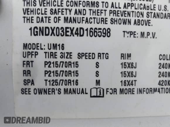 2004 Chevrolet Venture LS с VIN 1GNDX03EX4D166598, выставлен на аукционе IAAI как лот 42306323 с пробегом 125 439 миль миль и . История ставок и продаж доступна на DreamBid. Изображение 9.