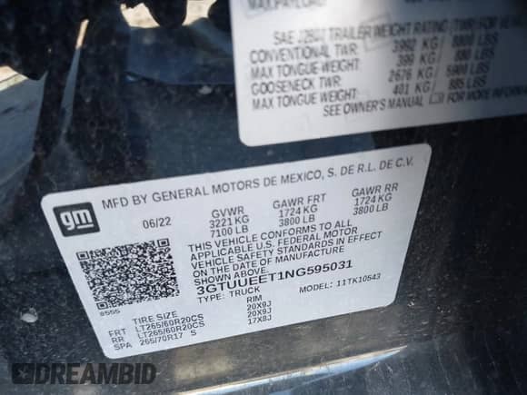 2022 GMC Sierra 1500 AT4 с VIN 3GTUUEET1NG595031, выставлен на аукционе IAAI как лот 41257548 с пробегом Не указан миль и . История ставок и продаж доступна на DreamBid. Изображение 9.