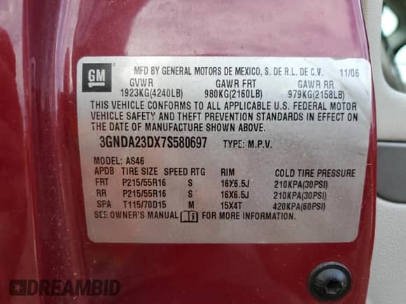 2007 Chevrolet HHR LT с VIN 3GNDA23DX7S580697, выставлен на аукционе Copart как лот 69220534 с пробегом 56 060 миль миль и Списание • Salvage title. История ставок и продаж доступна на DreamBid. Изображение 12.