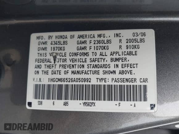 2006 Honda Accord EX-L with VIN 1HGCM66526A050992, listed as a IAAI auction lot 42917859 with 200,895 mi miles and . Bid and sale history available at DreamBid. Image 9.
