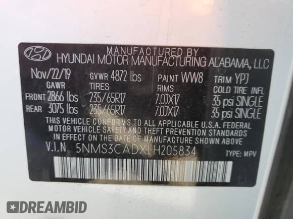 2020 Hyundai Santa Fe SEL с VIN 5NMS3CADXLH205834, выставлен на аукционе Copart как лот 71862872 с пробегом 39 229 миль миль и . История ставок и продаж доступна на DreamBid. Изображение 13.