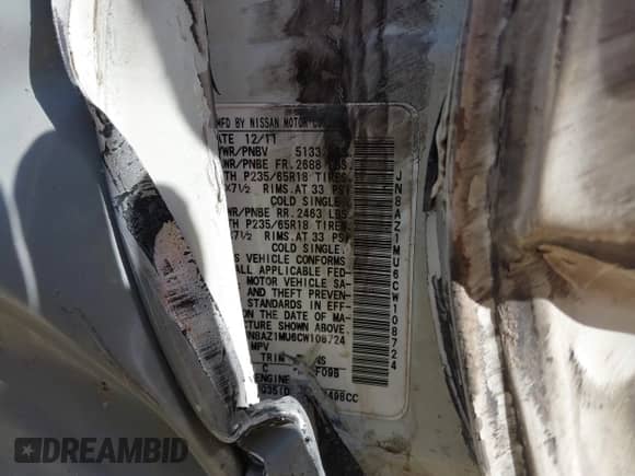 2012 Nissan Murano LE с VIN JN8AZ1MU6CW108724, выставлен на аукционе IAAI как лот 41990718 с пробегом 193 430 миль миль и . История ставок и продаж доступна на DreamBid. Изображение 9.