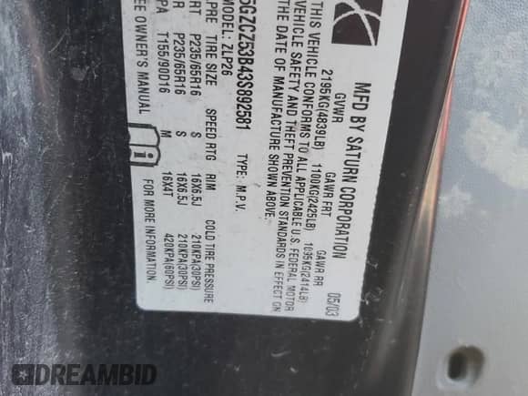 2003 Saturn VUE с VIN 5GZCZ53B43S892581, выставлен на аукционе Copart как лот 42325015 с пробегом 161 095 миль миль и Списание • Salvage title. История ставок и продаж доступна на DreamBid. Изображение 14.