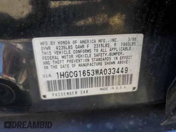 1998 Honda Accord EX with VIN 1HGCG1653WA033449, listed as a Copart auction lot 84936845 with 268,201 mi miles and Salvage title. Bid and sale history available at DreamBid. Image 12.