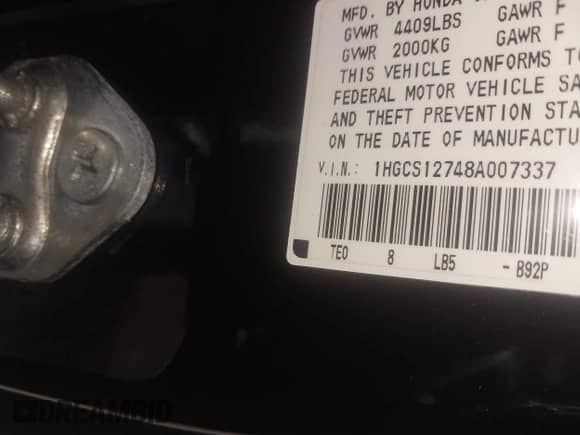 2008 Honda Accord EX с VIN 1HGCS12748A007337, выставлен на аукционе IAAI как лот 42356621 с пробегом 999 987 миль миль и . История ставок и продаж доступна на DreamBid. Изображение 9.
