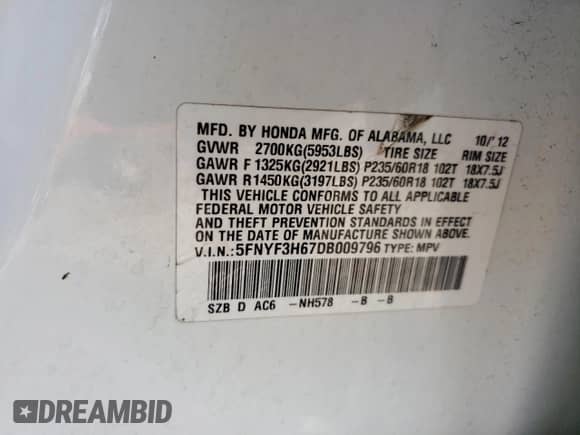 2013 Honda Pilot EX-L with VIN 5FNYF3H67DB009796, listed as a Copart auction lot 57613175 with 178,924 mi miles and Salvage title. Bid and sale history available at DreamBid. Image 13.