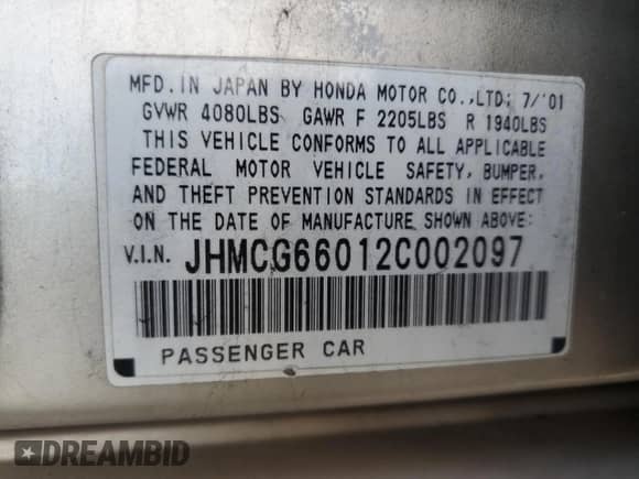 2002 Honda Accord EX with VIN JHMCG66012C002097, listed as a Copart auction lot 41604385 with 235,329 mi miles and Clean title. Bid and sale history available at DreamBid. Image 12.