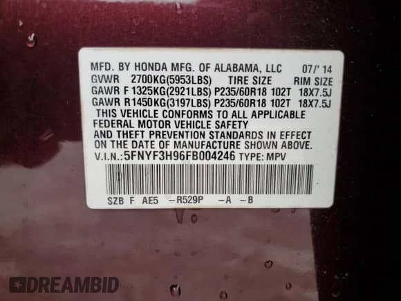 2015 Honda Pilot Touring с VIN 5FNYF3H96FB004246, выставлен на аукционе Copart как лот 71599755 с пробегом 169 390 миль миль и Списание • Salvage title. История ставок и продаж доступна на DreamBid. Изображение 13.