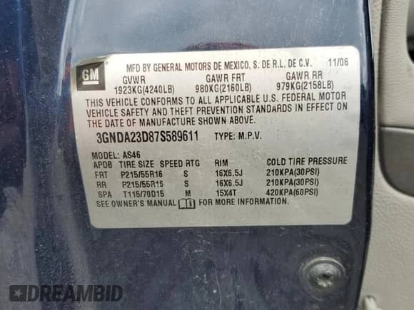 2007 Chevrolet HHR LT с VIN 3GNDA23D87S589611, выставлен на аукционе Copart как лот 56325745 с пробегом 85 121 миль миль и Списание • Salvage title. История ставок и продаж доступна на DreamBid. Изображение 13.
