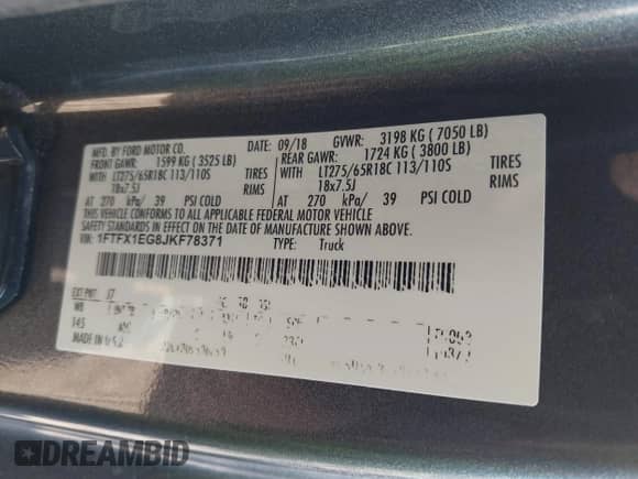 2018 Ford F-150 XL z VIN 1FTFX1EG8JKF78371, wystawiony jako IAAI lot #43545584 z przebiegiem 164 505 mil mil oraz . Historia ofert i sprzedaży dostępna na DreamBid. Obrazek 9.