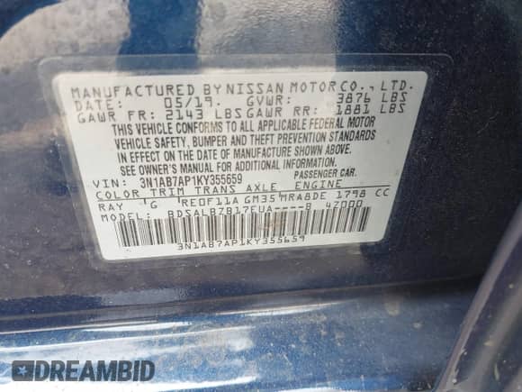 2019 Nissan Sentra SV z VIN 3N1AB7AP1KY355659, wystawiony jako IAAI lot #42922371 z przebiegiem 115 411 mil mil oraz . Historia ofert i sprzedaży dostępna na DreamBid. Obrazek 9.