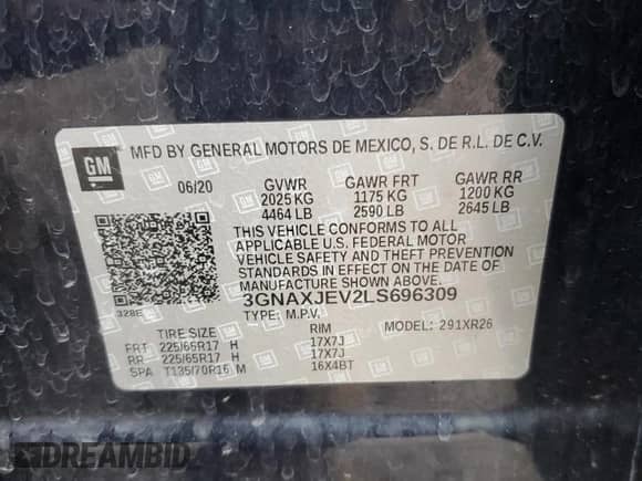 2020 Chevrolet Equinox LT with VIN 3GNAXJEV2LS696309, listed as a Copart auction lot 59438835 with 45,451 mi miles and Non repairable. Bid and sale history available at DreamBid. Image 13.