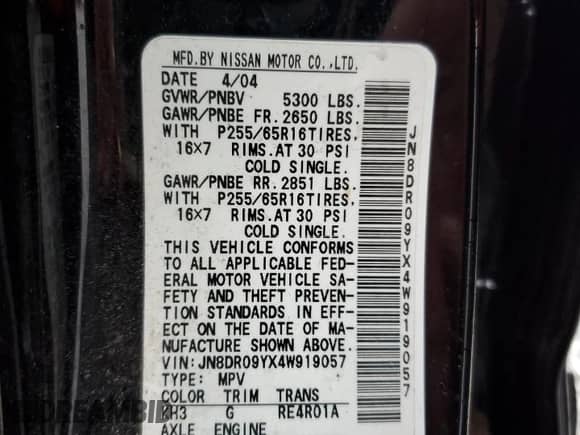 2004 Nissan Pathfinder SE с VIN JN8DR09YX4W919057, выставлен на аукционе Copart как лот 50448295 с пробегом Не указан миль и На запчасти • Non repairable. История ставок и продаж доступна на DreamBid. Изображение 13.