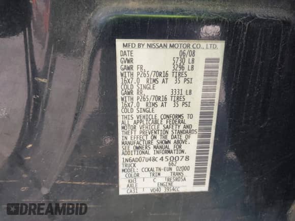2008 Nissan Frontier SE z VIN 1N6AD07U48C450078, wystawiony jako IAAI lot #43359062 z przebiegiem 286 234 mil mil oraz . Historia ofert i sprzedaży dostępna na DreamBid. Obrazek 9.