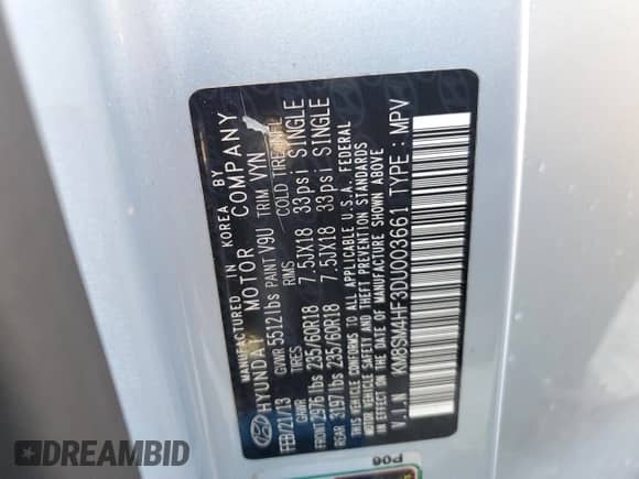 2013 Hyundai Santa Fe GLS with VIN KM8SM4HF3DU003661, listed as a Copart auction lot 67289225 with 144,634 mi miles and Salvage title. Bid and sale history available at DreamBid. Image 13.