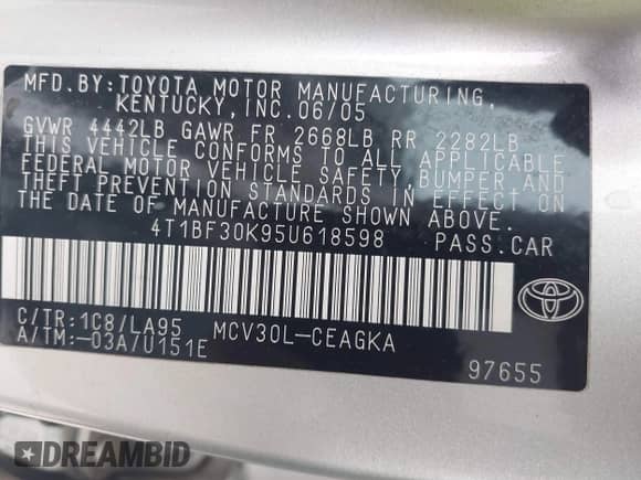 2005 Toyota Camry LE with VIN 4T1BF30K95U618598, listed as a IAAI auction lot 42912178 with 142,880 mi miles and . Bid and sale history available at DreamBid. Image 9.