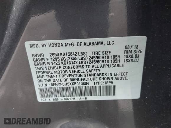 2019 Honda Pilot EX-L z VIN 5FNYF6H5XKB010804, wystawiony jako IAAI lot #42497727 z przebiegiem 79 970 mil mil oraz . Historia ofert i sprzedaży dostępna na DreamBid. Obrazek 9.