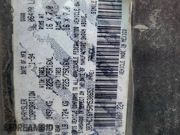 1994 Dodge 1500 with VIN 3B7HC16Y5RM530651, listed as a Copart auction lot 74453654 with 83,562 mi miles and Salvage title. Bid and sale history available at DreamBid. Image 12.