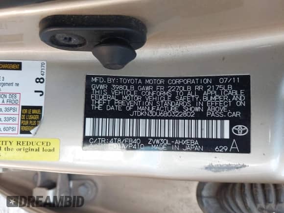2011 Toyota Prius I with VIN JTDKN3DU6B0322802, listed as a IAAI auction lot 42765909 with 156,352 mi miles and . Bid and sale history available at DreamBid. Image 9.