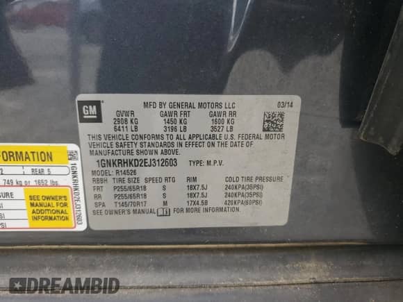 2014 Chevrolet Traverse LT с VIN 1GNKRHKD2EJ312603, выставлен на аукционе Copart как лот 59562055 с пробегом 188 595 миль миль и На запчасти • Non repairable. История ставок и продаж доступна на DreamBid. Изображение 13.