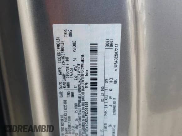 2020 Ford F-150 XLT with VIN 1FTEX1C53LFC09149, listed as a Copart auction lot 53072205 with 206,991 mi miles and Clean title. Bid and sale history available at DreamBid. Image 13.