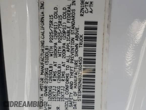 2003 Toyota Tacoma PreRunner with VIN 5TESM92N83Z160450, listed as a Copart auction lot 81084025 with 71,762 mi miles and Salvage title. Bid and sale history available at DreamBid. Image 12.