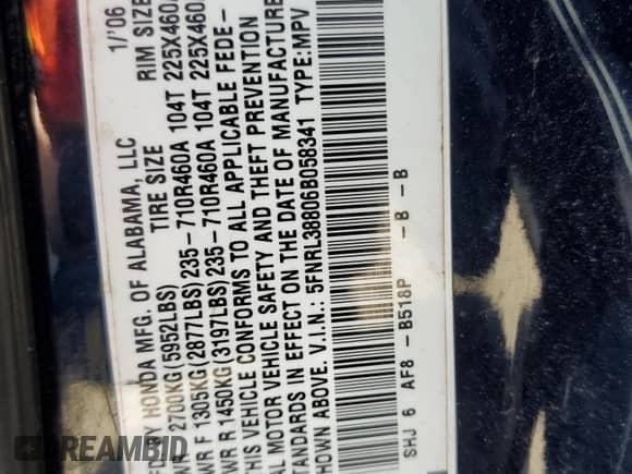 2006 Honda Odyssey Touring with VIN 5FNRL38806B058341, listed as a Copart auction lot 85156945 with 179,897 mi miles and Salvage title. Bid and sale history available at DreamBid. Image 13.