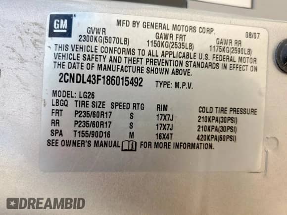 2008 Chevrolet Equinox LT с VIN 2CNDL43F186015492, выставлен на аукционе Copart как лот 69145715 с пробегом 115 149 миль миль и Чистый • Clean title. История ставок и продаж доступна на DreamBid. Изображение 13.