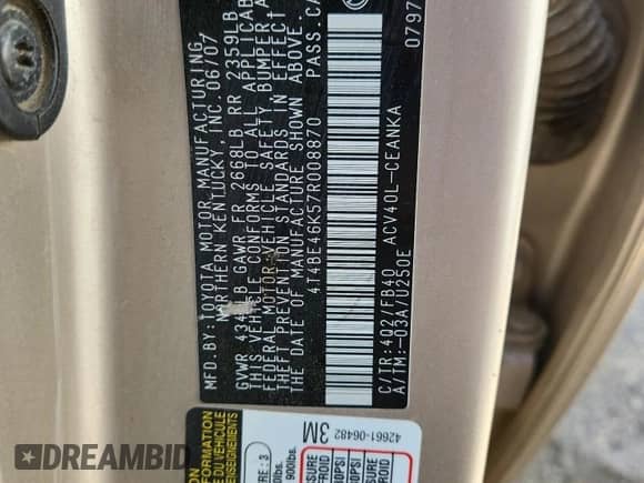 2007 Toyota Camry CE with VIN 4T4BE46K57R008870, listed as a Copart auction lot 81014245 with 241,645 mi miles and Salvage title. Bid and sale history available at DreamBid. Image 12.