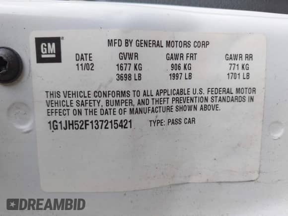 2003 Chevrolet Cavalier LS Sport with VIN 1G1JH52F137215421, listed as a IAAI auction lot 42697324 with 144,509 mi miles and . Bid and sale history available at DreamBid. Image 9.