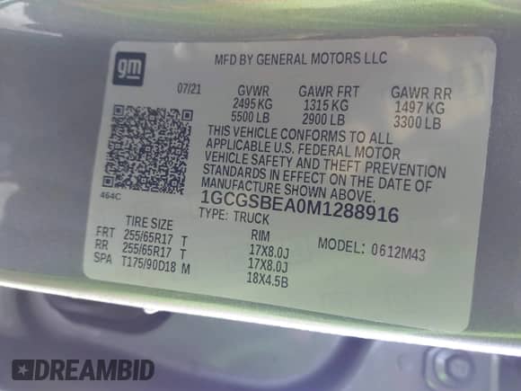 2021 Chevrolet Colorado 2WD Work Truck with VIN 1GCGSBEA0M1288916, listed as a IAAI auction lot 41912378 with 49,258 mi miles and . Bid and sale history available at DreamBid. Image 9.