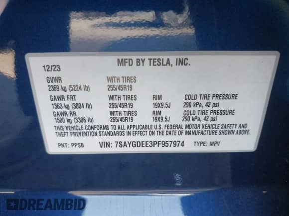 2023 Tesla Model Y Long Range with VIN 7SAYGDEE3PF957974, listed as a IAAI auction lot 43275987 with 20,712 mi miles and . Bid and sale history available at DreamBid. Image 9.