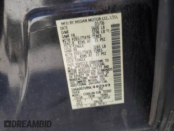2006 Nissan Frontier SE with VIN 1N6AD07U96C440949, listed as a Copart auction lot 81493905 with 248,526 mi miles and Clean title. Bid and sale history available at DreamBid. Image 12.