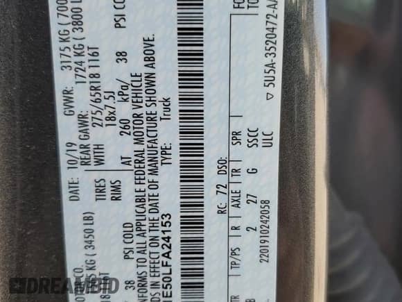 2020 Ford F-150 XL with VIN 1FTEW1E50LFA24153, listed as a Copart auction lot 80572155 with 133,324 mi miles and Salvage title. Bid and sale history available at DreamBid. Image 12.