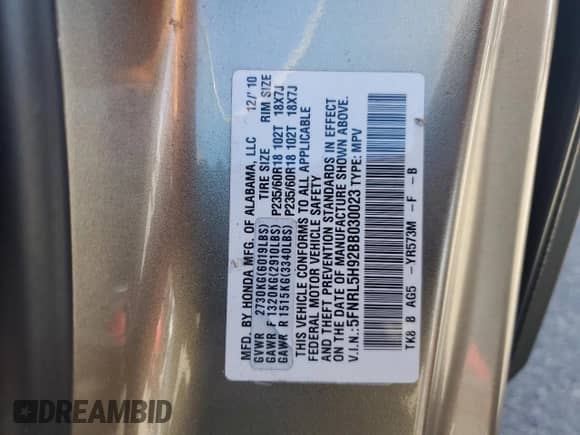 2011 Honda Odyssey Touring с VIN 5FNRL5H92BB030023, выставлен на аукционе Copart как лот 87486035 с пробегом 160 309 миль миль и Списание • Salvage title. История ставок и продаж доступна на DreamBid. Изображение 13.