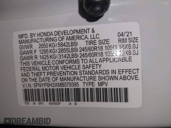 2021 Honda Pilot EX with VIN 5FNYF6H3XMB079395, listed as a IAAI auction lot 41882789 with 37,662 mi miles and . Bid and sale history available at DreamBid. Image 9.