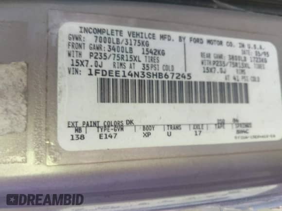 1995 Ford Econoline Cargo with VIN 1FDEE14N3SHB67245, listed as a IAAI auction lot 41899095 with 200,078 mi miles and . Bid and sale history available at DreamBid. Image 9.