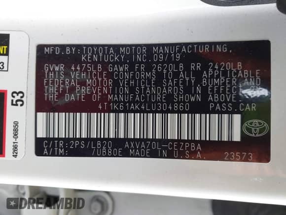 2020 Toyota Camry XSE z VIN 4T1K61AK4LU304860, wystawiony jako IAAI lot #43367482 z przebiegiem 70 312 mil mil oraz . Historia ofert i sprzedaży dostępna na DreamBid. Obrazek 9.