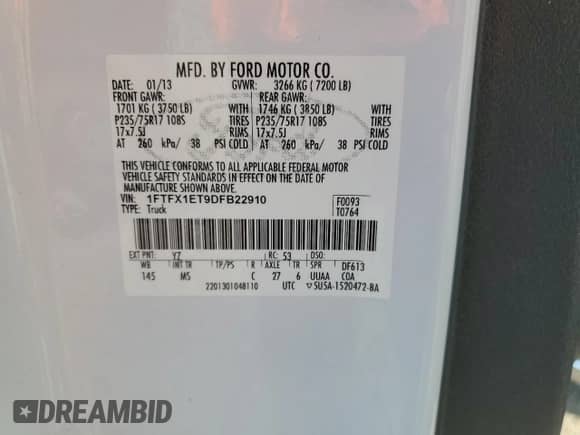 2013 Ford F-150 XLT with VIN 1FTFX1ET9DFB22910, listed as a Copart auction lot 86483645 with 180,930 mi miles and Salvage title. Bid and sale history available at DreamBid. Image 12.