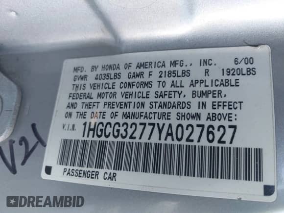 2000 Honda Accord EX z VIN 1HGCG3277YA027627, wystawiony jako IAAI lot #41526055 z przebiegiem 220 339 mil mil oraz . Historia ofert i sprzedaży dostępna na DreamBid. Obrazek 9.