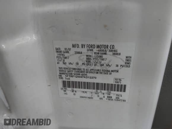 2007 Ford F-150 XL z VIN 1FTRF12W47KD12270, wystawiony jako IAAI lot #42565604 z przebiegiem 230 140 mil mil oraz . Historia ofert i sprzedaży dostępna na DreamBid. Obrazek 9.