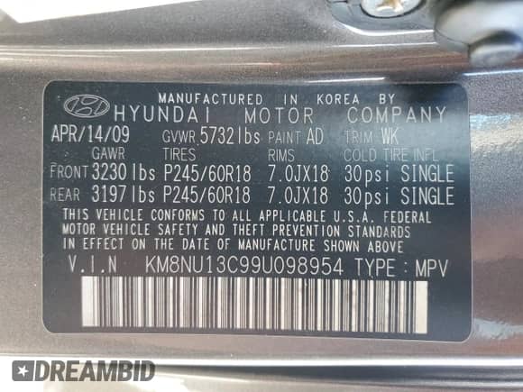 2009 Hyundai Veracruz Limited с VIN KM8NU13C99U098954, выставлен на аукционе Copart как лот 74483354 с пробегом 168 442 миль миль и Списание • Salvage title. История ставок и продаж доступна на DreamBid. Изображение 13.