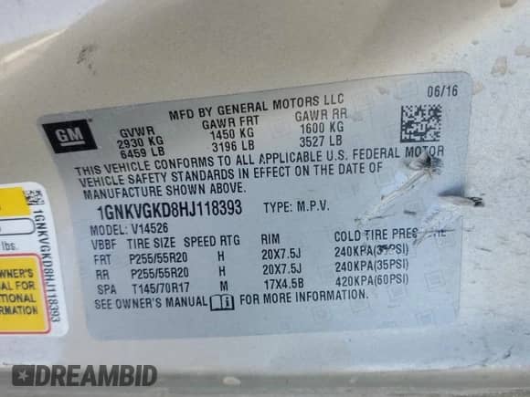 2017 Chevrolet Traverse LT с VIN 1GNKVGKD8HJ118393, выставлен на аукционе Copart как лот 84710395 с пробегом Не указан миль и Списание • Salvage title. История ставок и продаж доступна на DreamBid. Изображение 13.