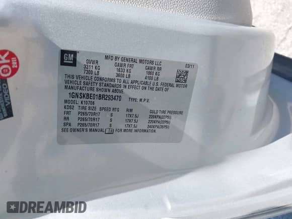 2011 Chevrolet Tahoe LT с VIN 1GNSKBE01BR293470, выставлен на аукционе IAAI как лот 42837607 с пробегом 156 148 миль миль и . История ставок и продаж доступна на DreamBid. Изображение 9.