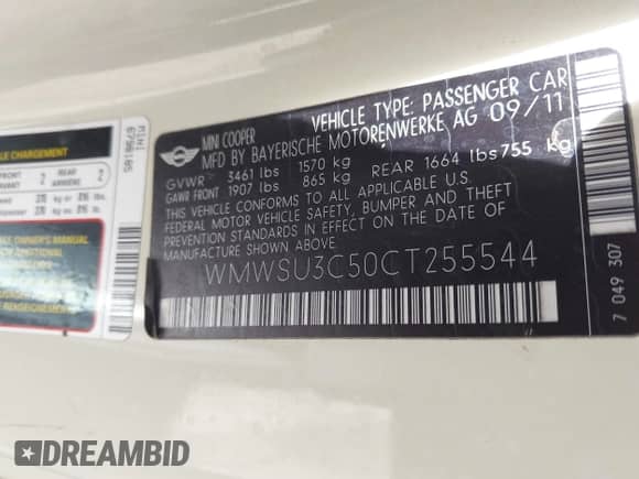 2012 MINI Hardtop with VIN WMWSU3C50CT255544, listed as a IAAI auction lot 42533243 with 102,422 mi miles and . Bid and sale history available at DreamBid. Image 9.