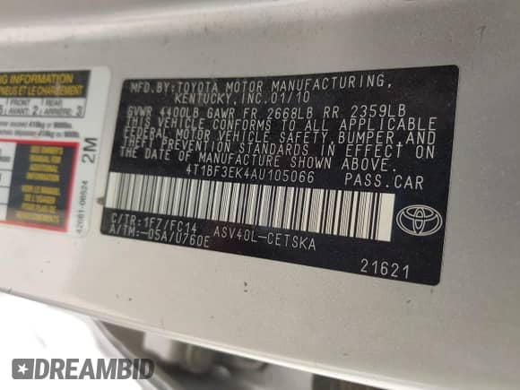 2010 Toyota Camry LE with VIN 4T1BF3EK4AU105066, listed as a IAAI auction lot 43463088 with 162,243 mi miles and . Bid and sale history available at DreamBid. Image 9.