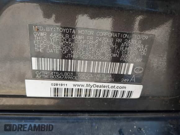 2010 Lexus IS 250 z VIN JTHBF5C27A2095601, wystawiony jako IAAI lot #43055607 z przebiegiem 141 418 mil mil oraz . Historia ofert i sprzedaży dostępna na DreamBid. Obrazek 9.